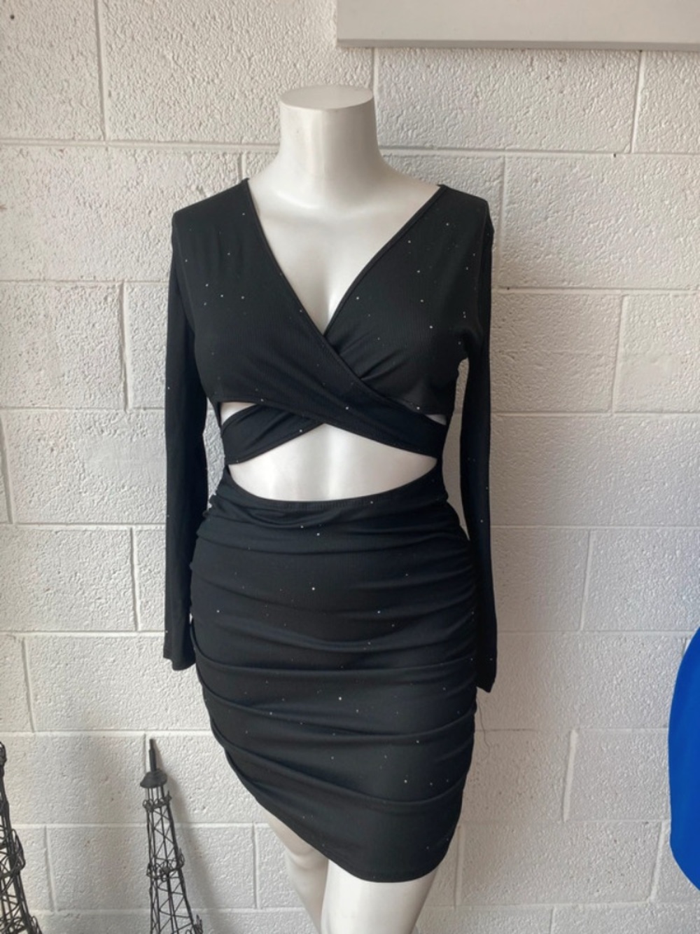 SHEIN Black Long-Sleeve Cutout Mini Dress with Sparkle